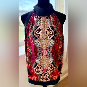Jones New York chic sleeveless halter mock neck red black gold dressy top Lg EUC